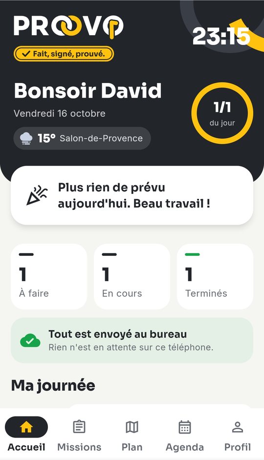 Application Proovo : accueil de l'intervenant avec ses missions du jour