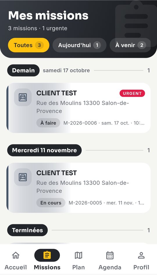 Application Proovo : liste des missions, dont une urgente